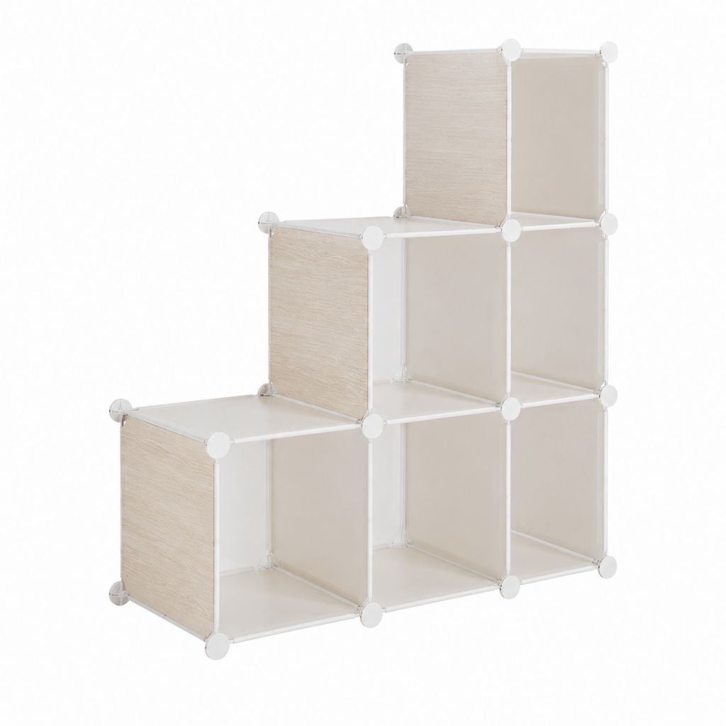 Modulares Schuhregal mit 6 offenen Fächern in Weiß und Eichenoptik aus PP und ABS 90 x 30 x 90 cm