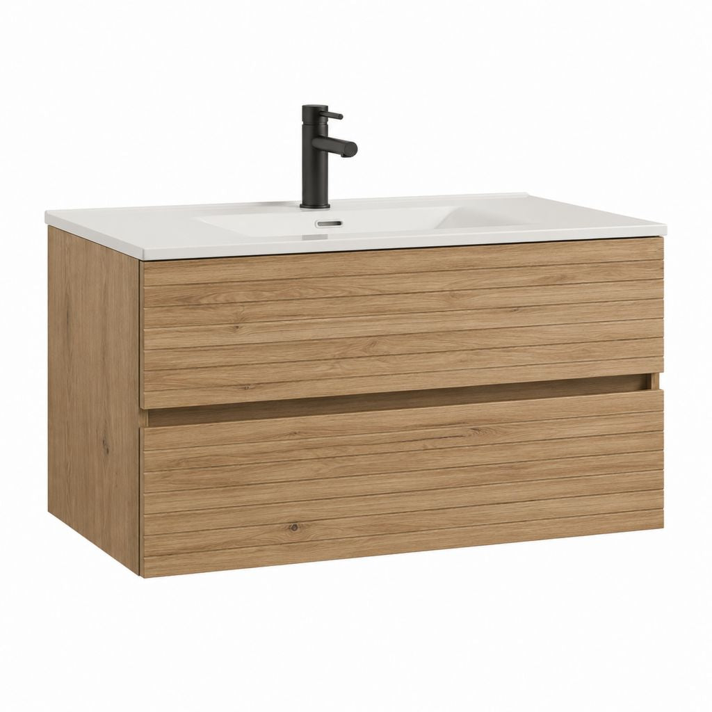 Waschtischunterschrank Set Eiche Natur Spanplatte rechteckig mit Keramikwaschbecken 80 x 46 x 54 cm