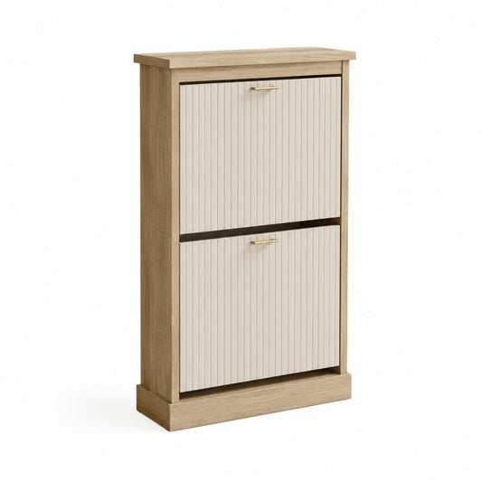 Schuhschrank mit 2 Klappen in Eichefarben und Creme aus melaminharzbeschichteter Spanplatte 80 x 35 x 120 cm