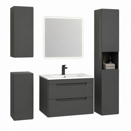 Badezimmermöbel Set 5-teilig Anthrazit MDF Keramik rechteckig mit Waschtischunterschrank 80 x 46 x 54 cm