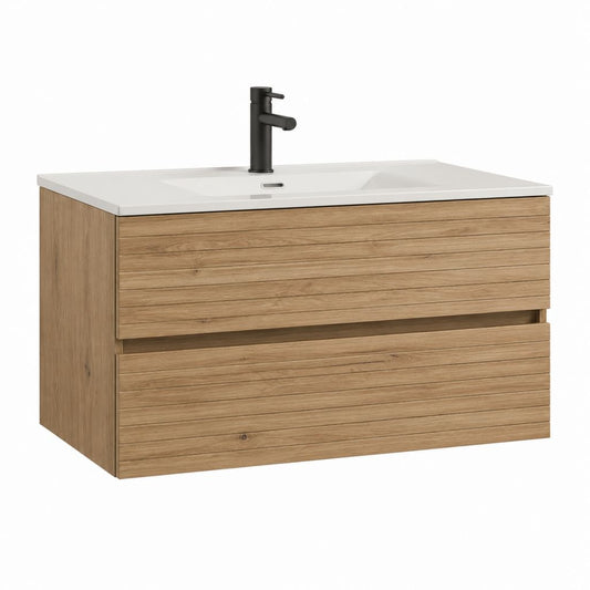 Waschtischunterschrank Set Eiche Natur Spanplatte rechteckig mit Keramikwaschbecken 80 x 46 x 54 cm