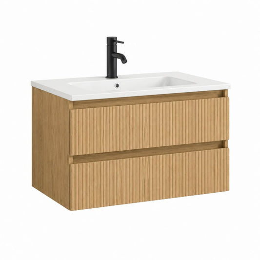 Waschtischunterschrank Set Eiche Natur MDF mit Keramikwaschbecken und schwarzer Armatur rechteckig 80 x 46 x 55 cm